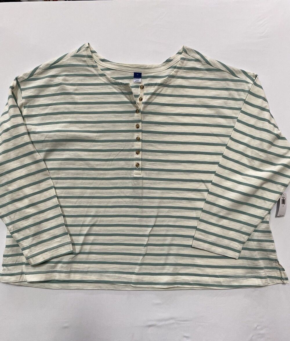 Old Navy Women's Plus 3X Striped Henley Shirt Green White Slub Knit Boho Boxy